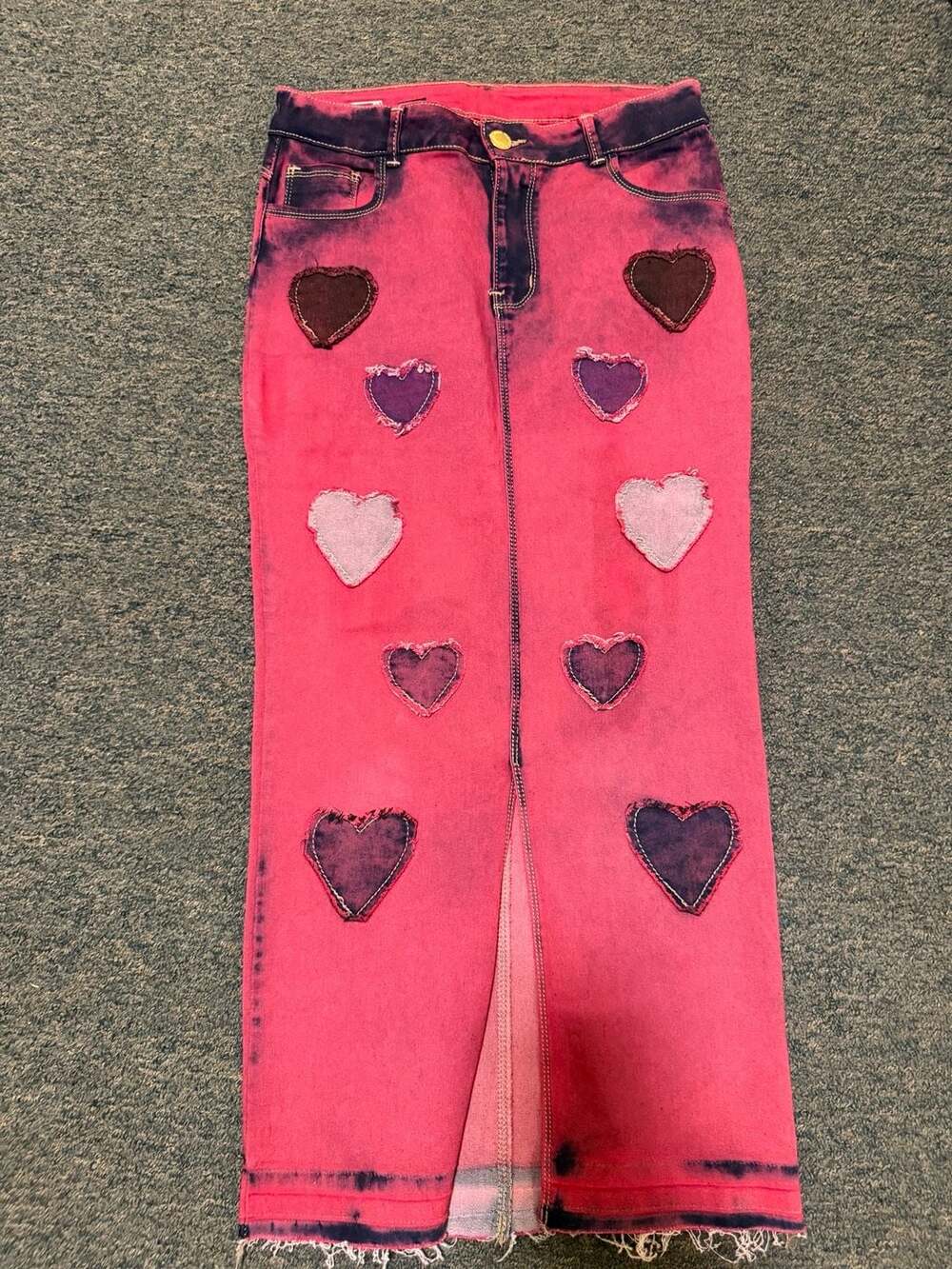 Euro Jeans Pink and Purple Tie-Dye Heart Patch Maxi Denim Skirt
